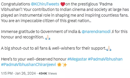 Ram Charan Expresses Gratitude as Father Chiranjeevi Gets Padma Award