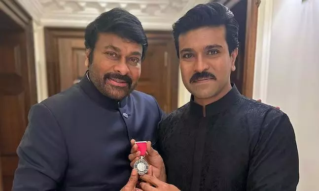 Ram Charans photo moment with Padma Vibhushan Chiranjeevi