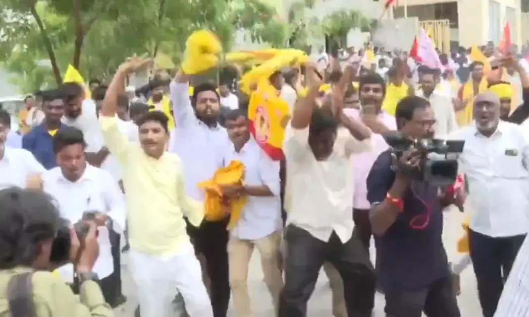 TDP workers begin celebrations at NTR Bhavan in Hyderabad