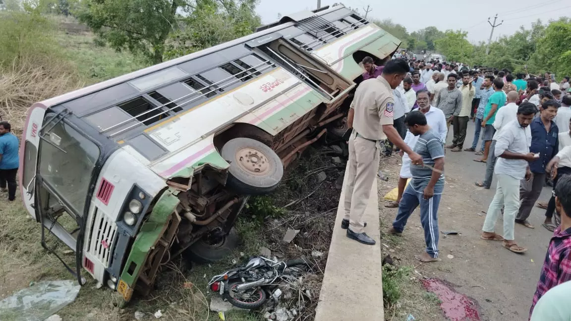 Over 10 passengers injured as TSRTC bus over turns in Vikarabad