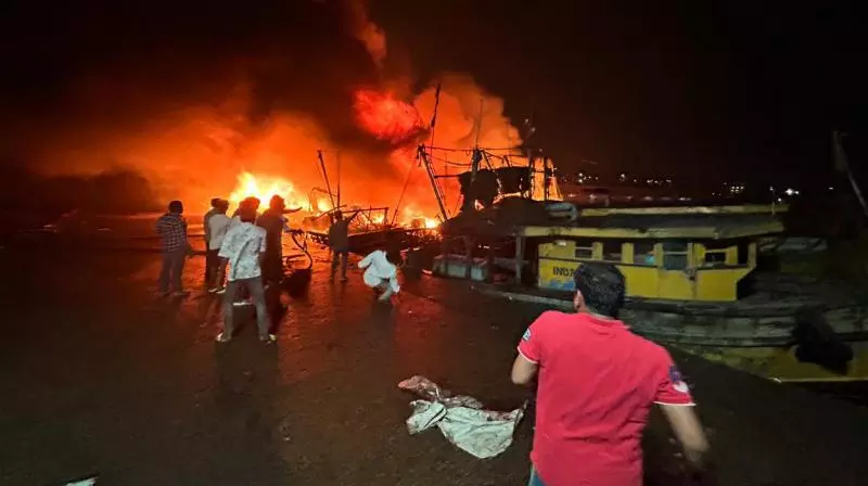 Fishing boat catches fire off Vizag; crew rescued