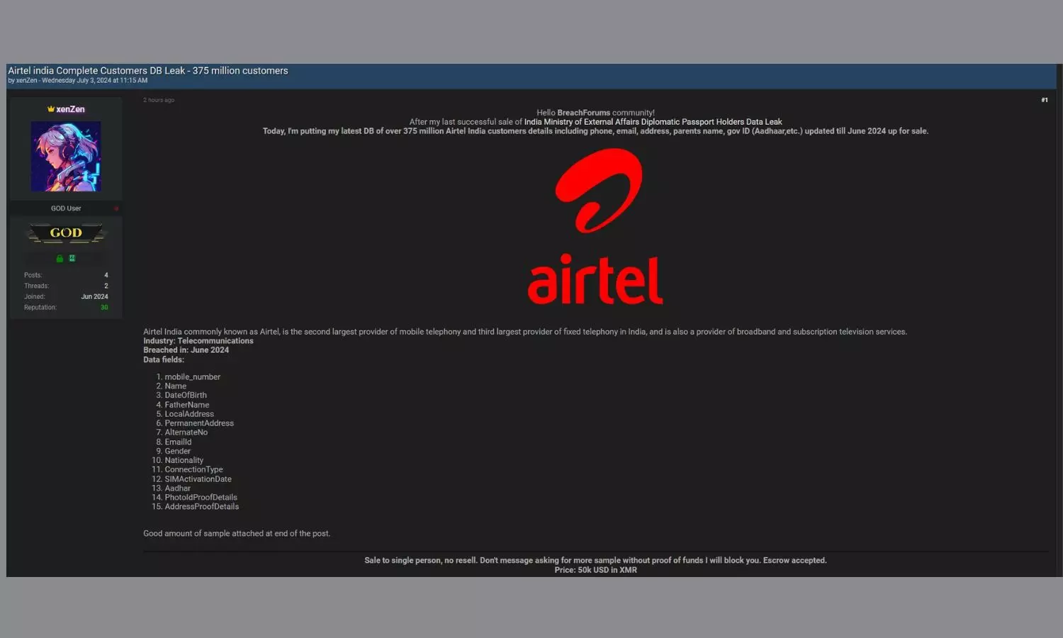 Over 375 million Airtel India users data breached: Claims Hacker
