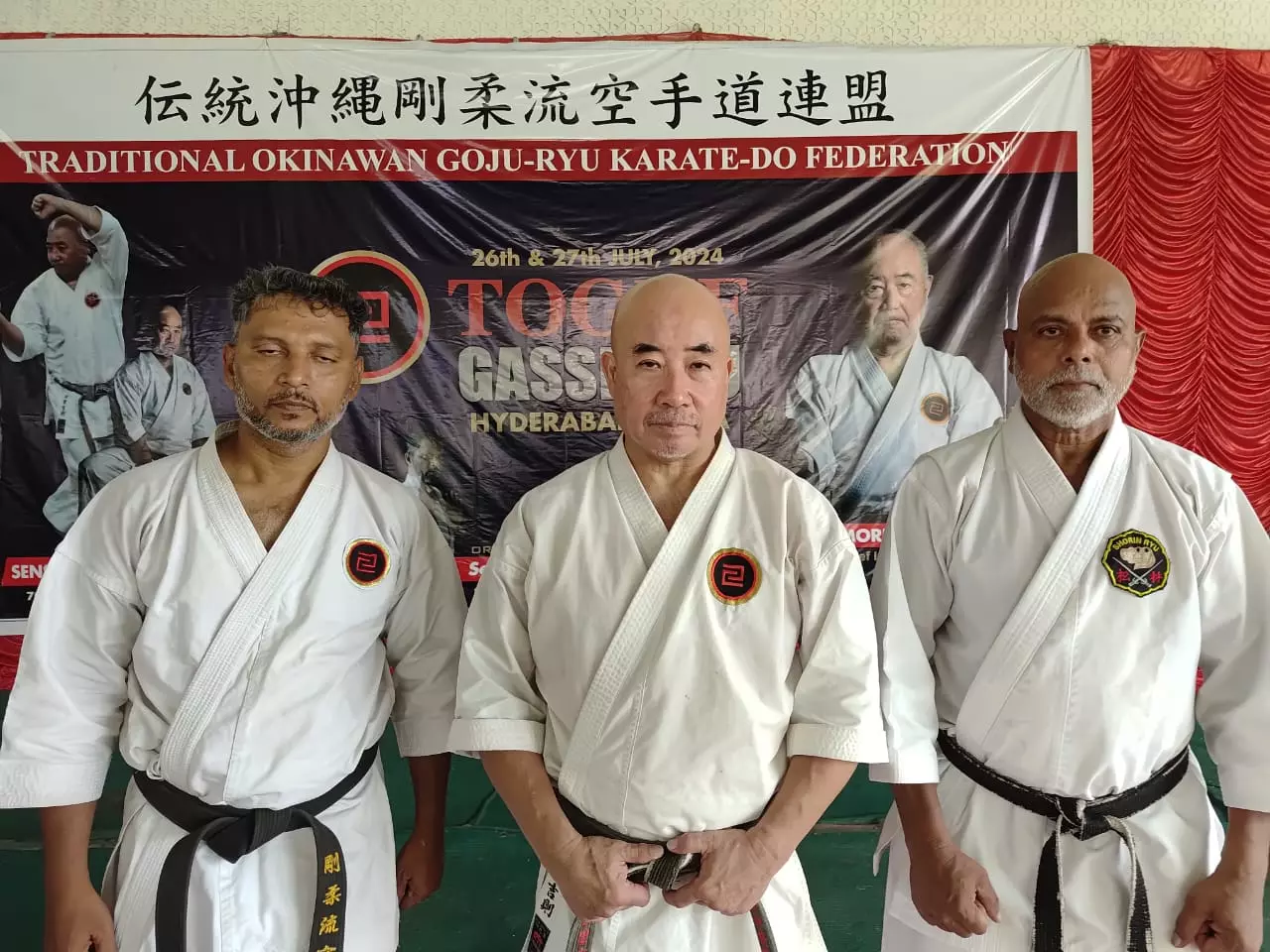 Honbu Dojo instructor Shihan Yoshinori Yonesato and Uchi Desi (direct student) of most world popular in Okinawan traditional- Sensei Morio Higaonna with M Vijayakumar, chief instructor south zone- TOGKF-India, Kyoshi Raja Varadhan 8th dan black belt Okinawa, Japan during the training camp on Friday.