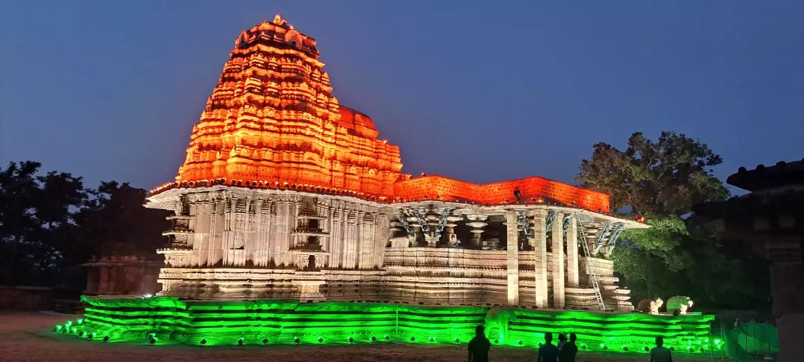 Ramappa temple beautifully illuminated with tri-colours