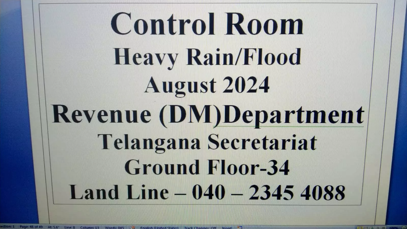 Special Control Room Set Up in Telangana Secretariat to Monitor Floods and Rains