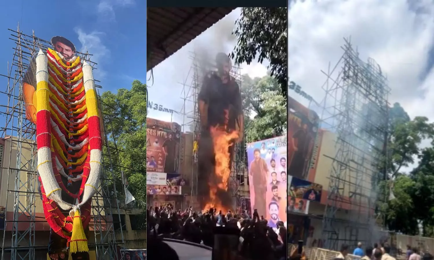 Devara Release: Jr NTR cut-out catches fire at Sudharshan Theatre