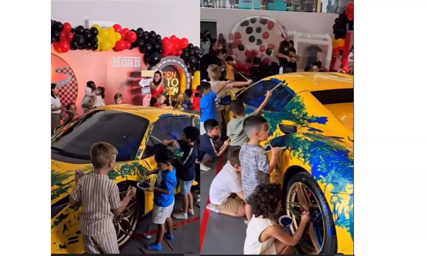 Half-a-million USD Ferrari turns into art canvas at childrens party in Dubai