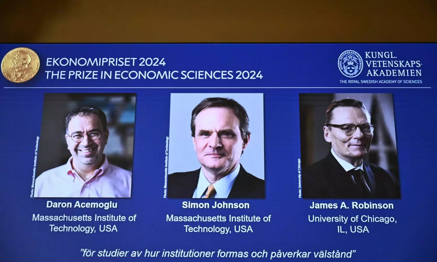 Nobel economics prize is awarded to Daron Acemoglu, Simon Johnson and James A Robinson