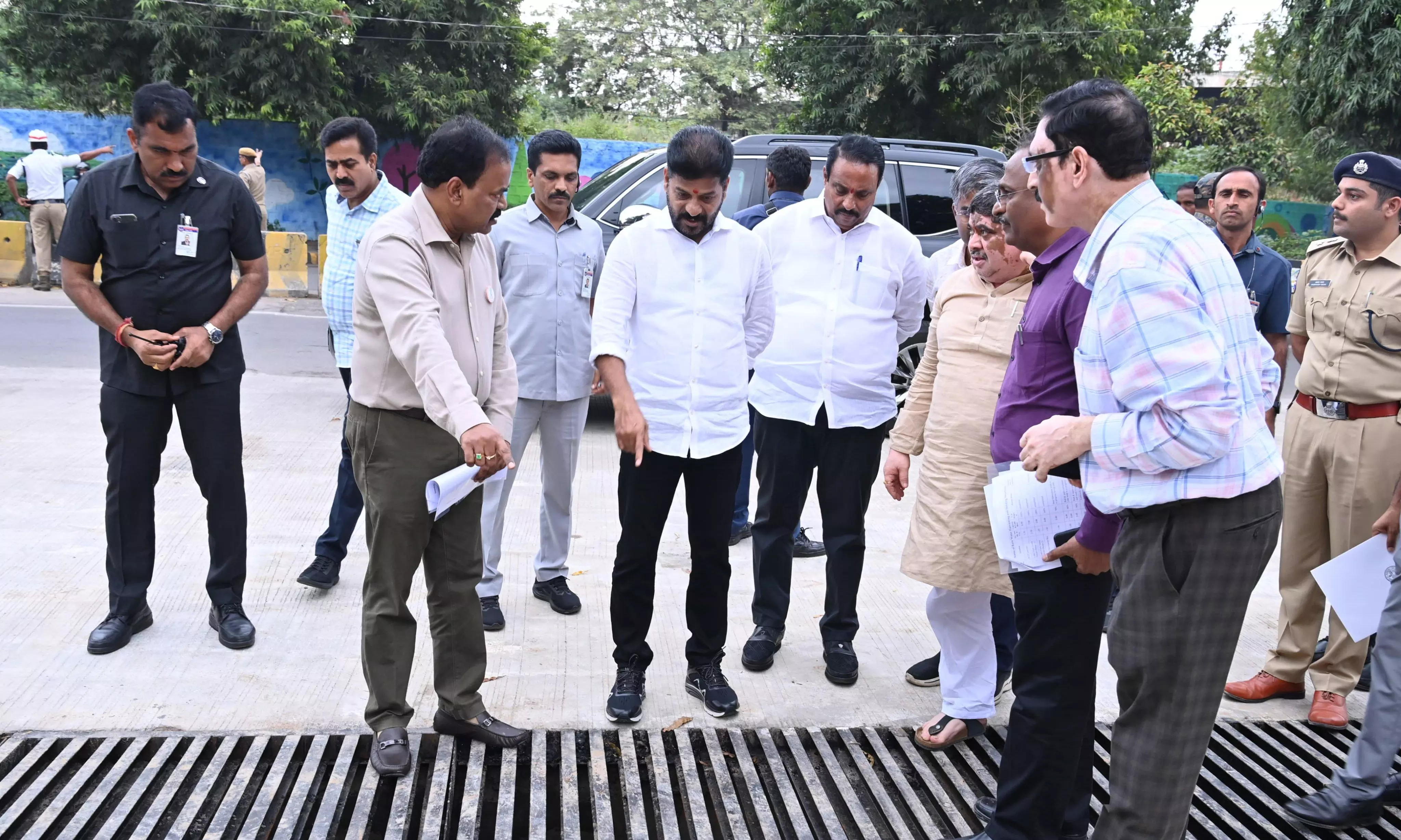 CM Revanth Reddy inspects rainwater-holding structure