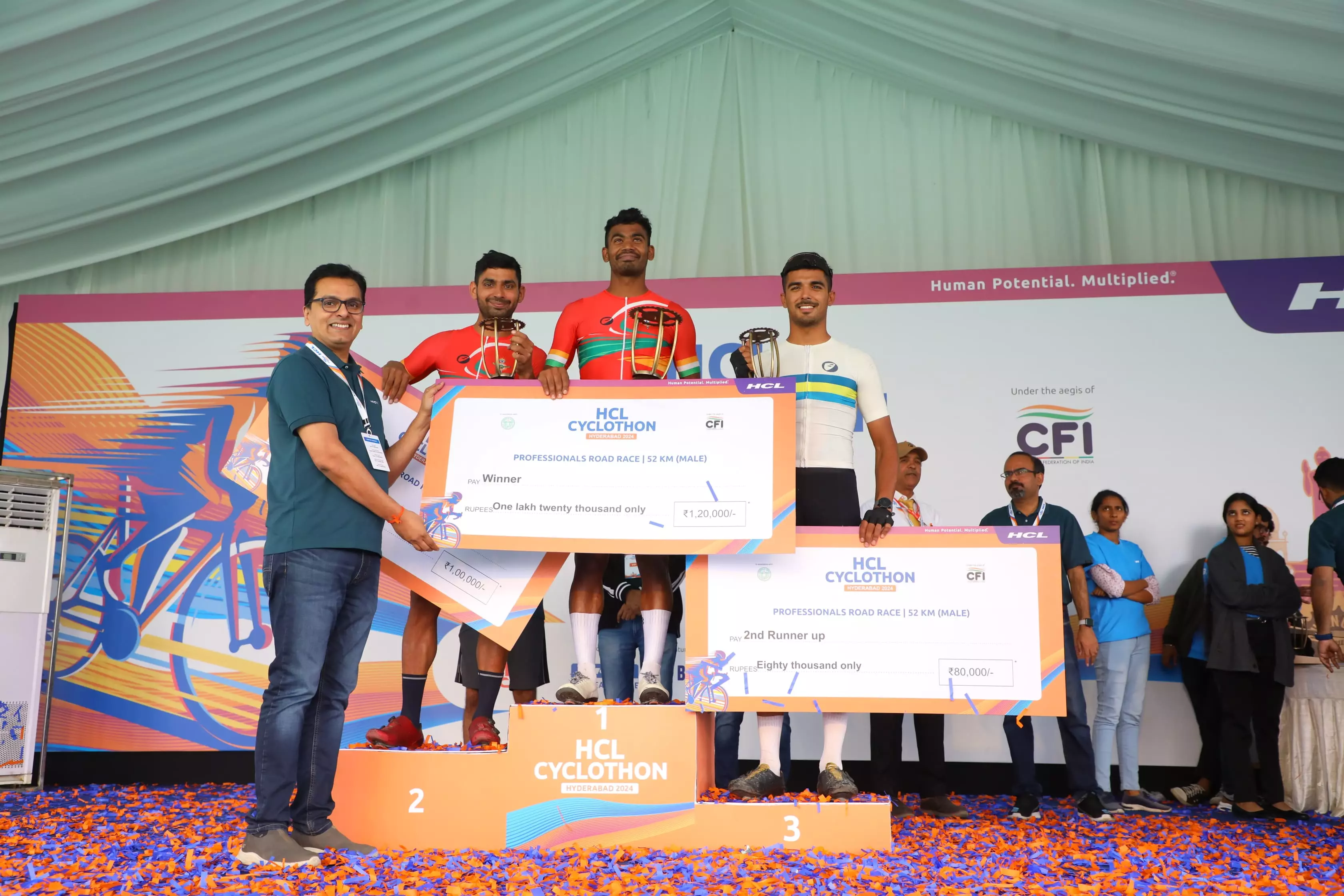 The male winners of the Professional 52 KM Road Race are Dinesh Kumar (Winner), Sahil Kumar (Runner Up), and Harshvir Singh (1st Runner Up).