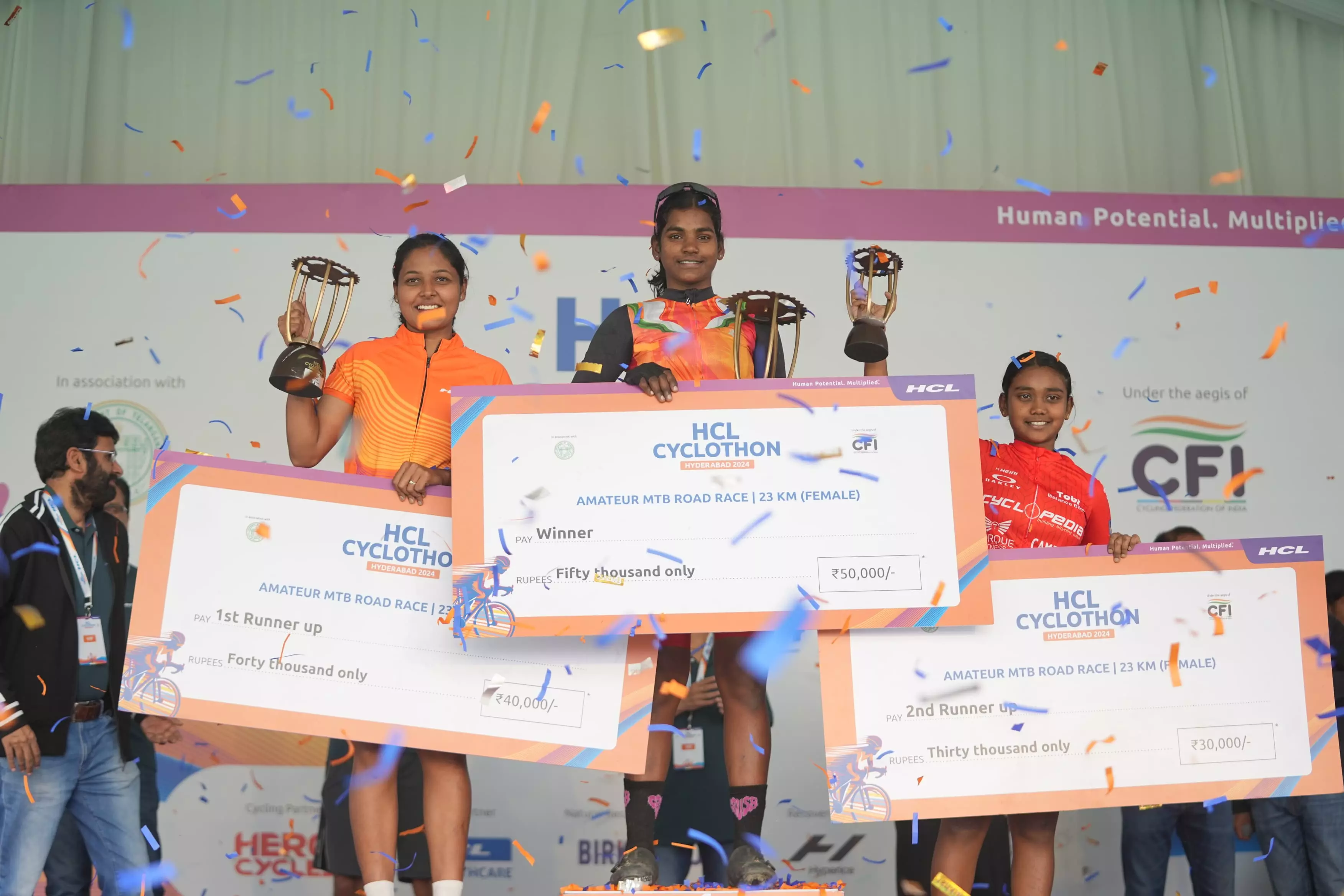 The female winners of the Amateur 52 KM Road Race are Arpita Ketan Pandya (Winner), Jinat Sayyad (Runner Up), and Anamika Verma (1st Runner Up).