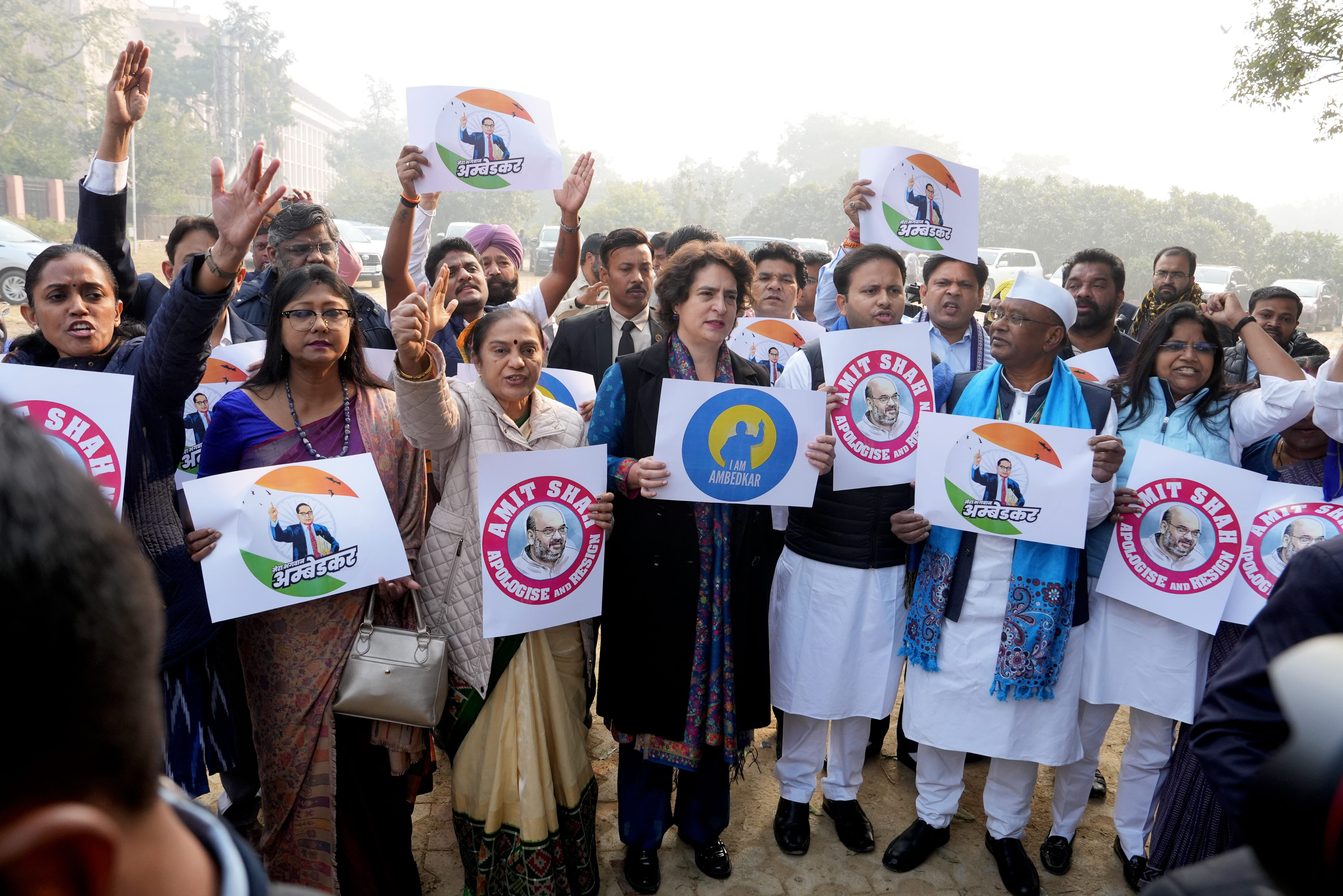 Ambedkar row: Opposition MPs hold protest against Amit Shah at Vijay Chowk